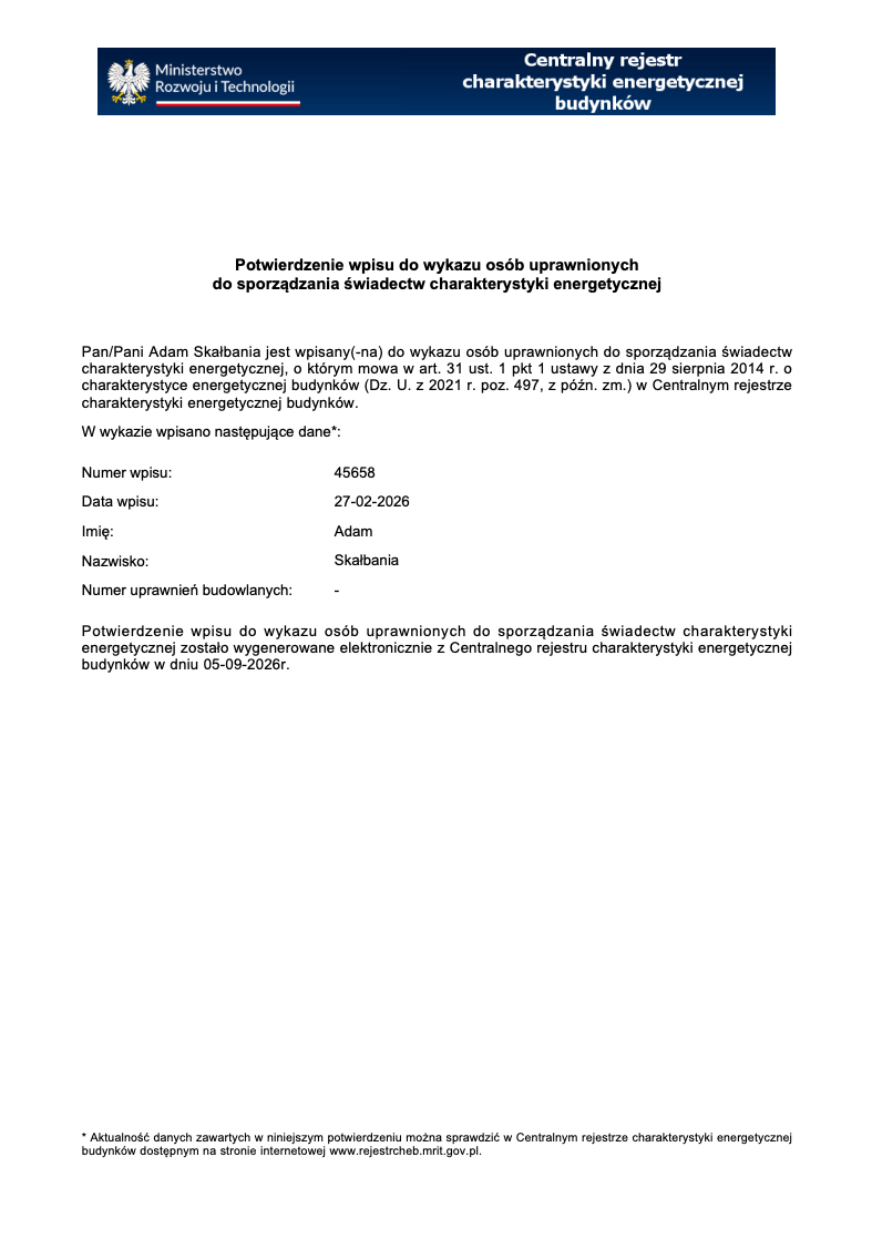 Potwierdzenie wpisu Adama Skałbani do wykazu osób uprawnionych do sporządzania świadectw charakterystyki energetycznej, numer wpisu 45658